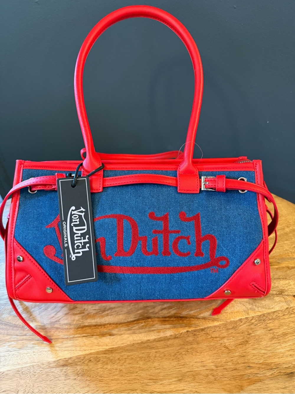 Von Dutch Blue Denim Satchel with Red Trim